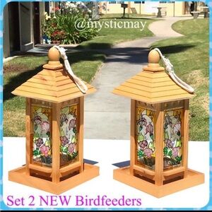 NEW Set of 2 Hanging Pink FLORAL STAIN GLASS BIRD SEED FEEDERS Wood Birdfeeders